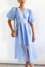 Remarkable Beauty Square Patterned Fabric Puff Sleeve Party Midi Dress