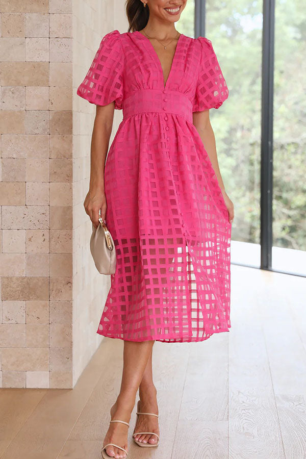 Remarkable Beauty Square Patterned Fabric Puff Sleeve Party Midi Dress