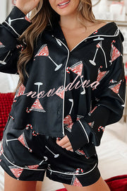 New Year's Eve Fun Ornament Printed Elastic Waist Pocket Pajama Shorts Set