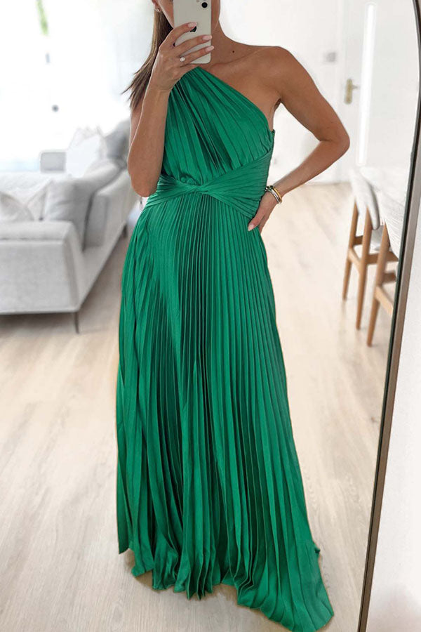 Keira One Shoulder Pleated Satin Party Maxi Dress