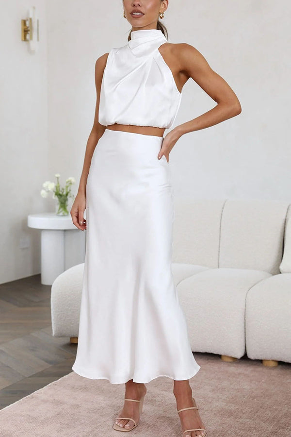 Such A Vibe High Neck Satin Drape Maxi Party Skirt Set