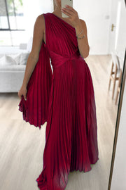 Keira One Shoulder Pleated Satin Party Maxi Dress