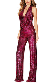 Shimmering Halter Style Drape Neck Wide Leg Jumpsuit