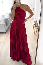 Keira One Shoulder Pleated Satin Party Maxi Dress