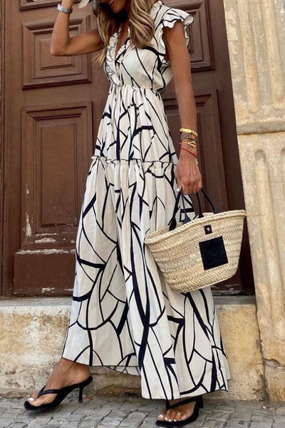 Geometric Print V-neck Ruffle Maxi Dress