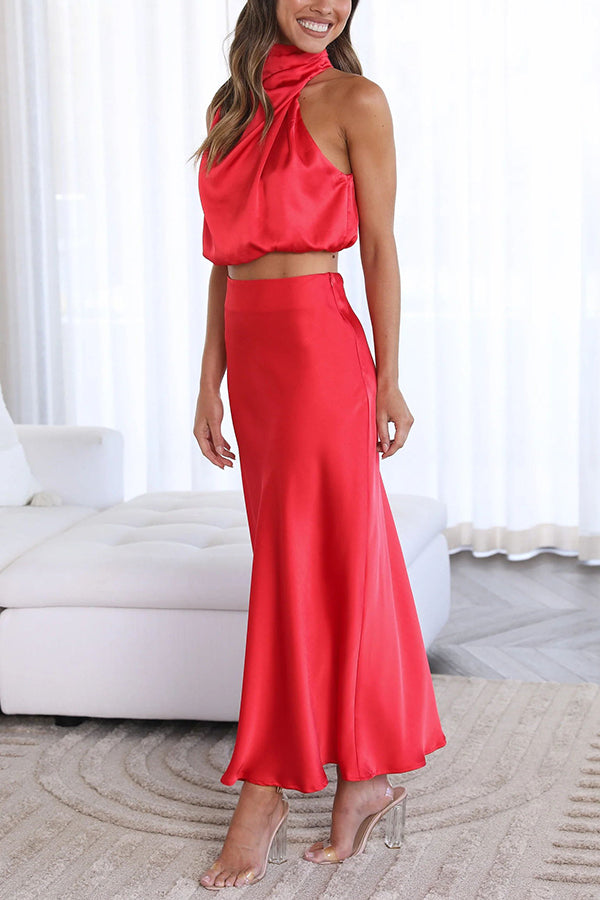 Such A Vibe High Neck Satin Drape Maxi Party Skirt Set