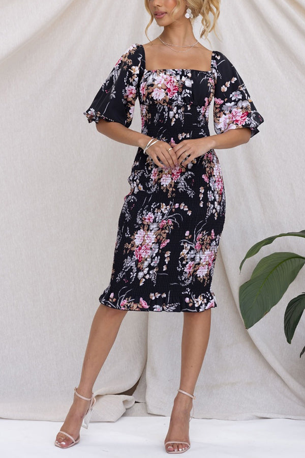 Midnight Beauty Floral Smocked Midi Party Dress