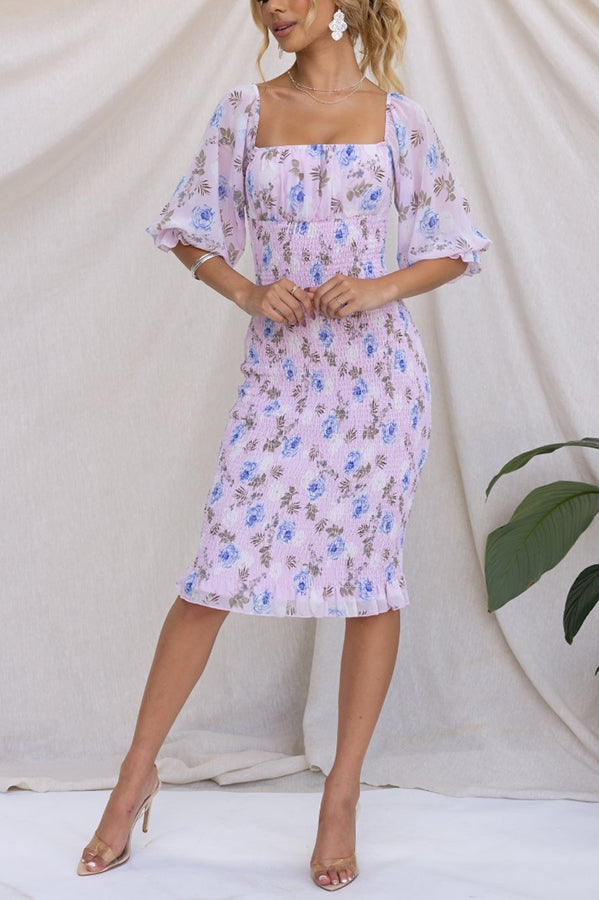 Midnight Beauty Floral Smocked Midi Party Dress