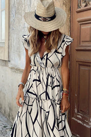 Geometric Print V-neck Ruffle Maxi Dress