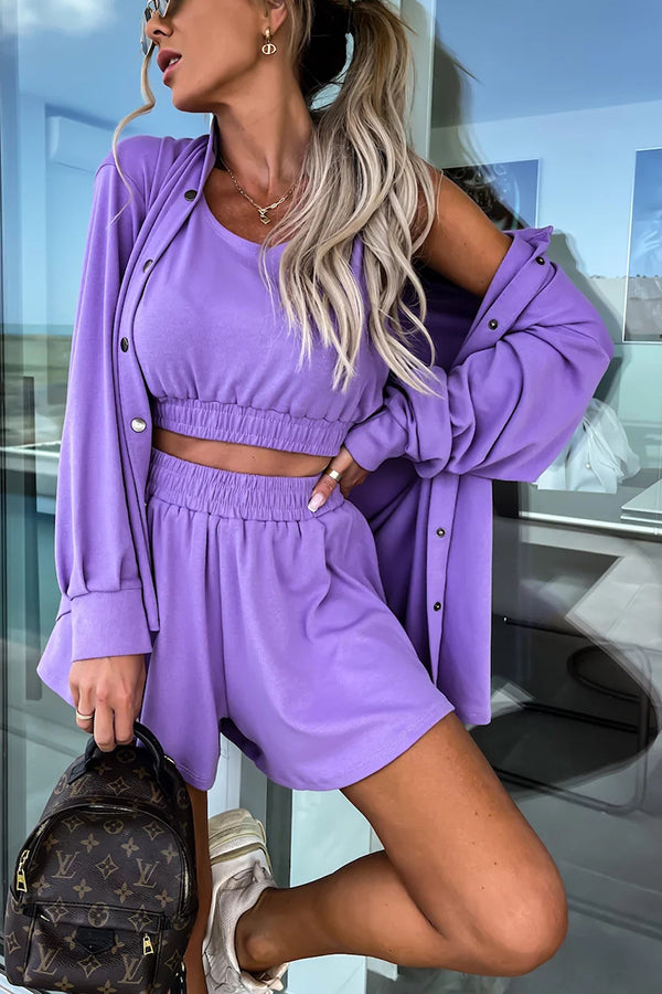 Count on Cozy Pocketed Oversized Shirt and Shorts Three Pieces Set