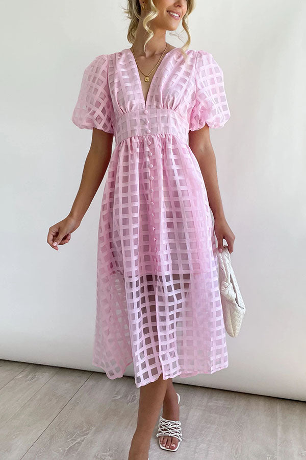 Remarkable Beauty Square Patterned Fabric Puff Sleeve Party Midi Dress