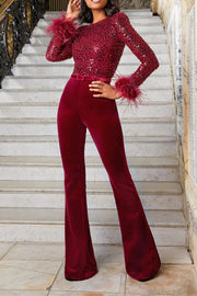 Ready for Vegas Feather Detail Trim Sequin Jumpsuit