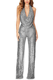 Shimmering Halter Style Drape Neck Wide Leg Jumpsuit