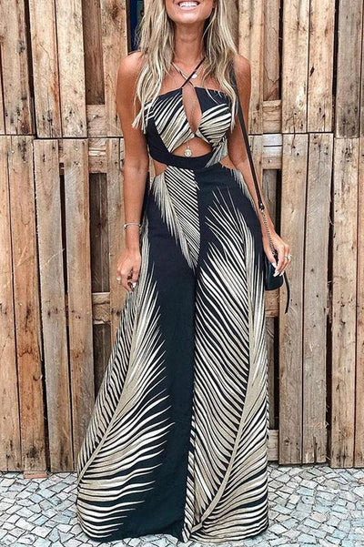 Tropical Palm Leaf Print Cutout Elastic Waist Flare Jumpsuit