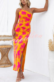 Right Time Floral Print One Shoulder Slit Party Maxi Dress