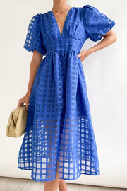 Remarkable Beauty Square Patterned Fabric Puff Sleeve Party Midi Dress