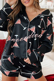 New Year's Eve Fun Martini Printed Elastic Waist Pocket Pajama Shorts Set