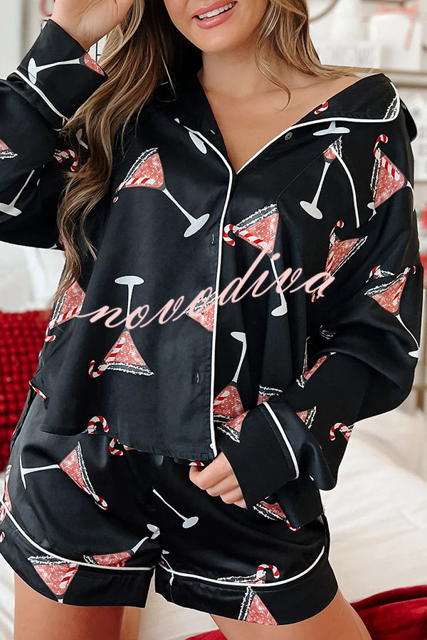 New Year's Eve Fun Martini Printed Elastic Waist Pocket Pajama Shorts Set