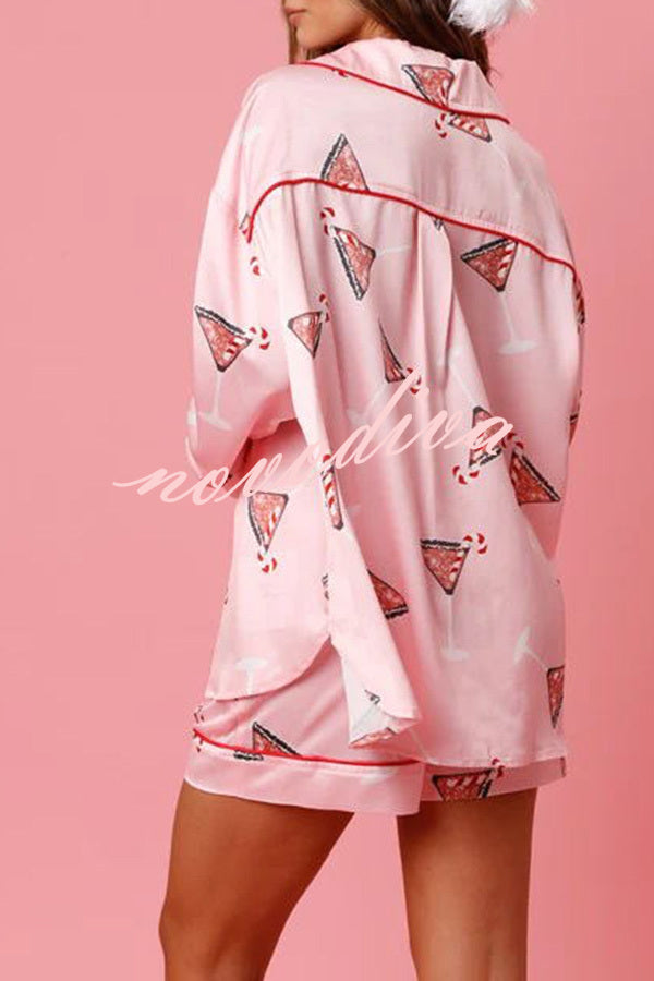 New Year's Eve Fun Martini Printed Elastic Waist Pocket Pajama Shorts Set