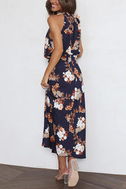 Wine Country Dates Floral Halter Neck Elastic Waist Party Midi Dress