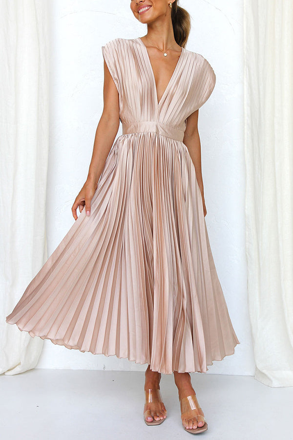 Hello Gorgeous Satin Pleated Party Midi Dress