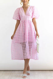 Remarkable Beauty Square Patterned Fabric Puff Sleeve Party Midi Dress