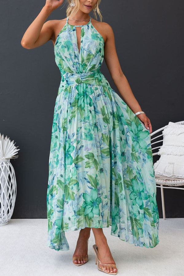 Sunny Forecast Floral Cutout Neck Pleated Midi Dress