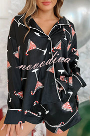 New Year's Eve Fun Martini Printed Elastic Waist Pocket Pajama Shorts Set