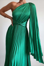 Keira One Shoulder Pleated Satin Party Maxi Dress