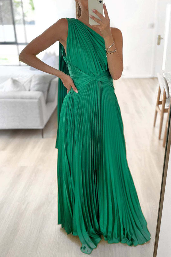 Keira One Shoulder Pleated Satin Party Maxi Dress