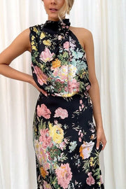 Wine Country Dates Floral Halter Neck Elastic Waist Party Midi Dress