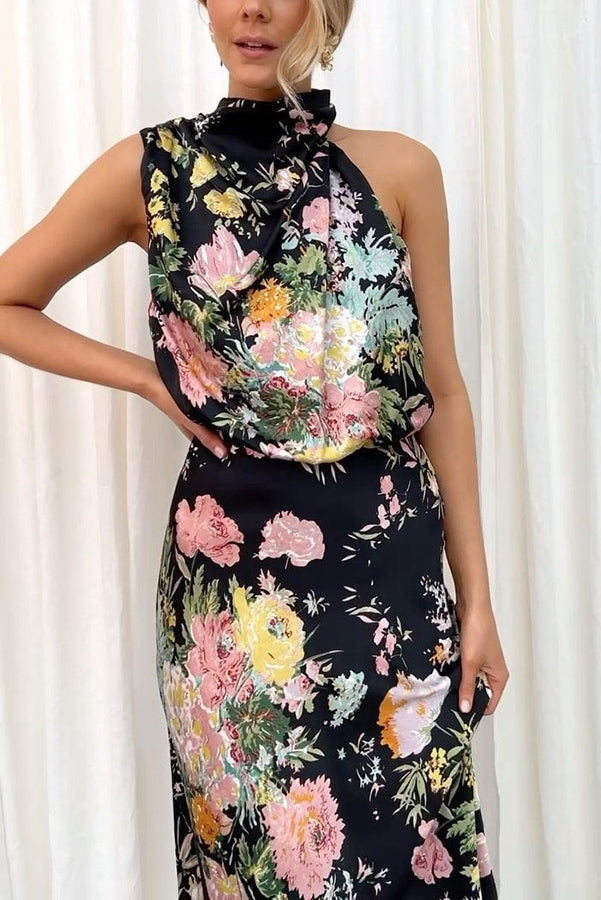 Wine Country Dates Floral Halter Neck Elastic Waist Party Midi Dress