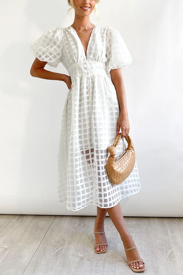 Remarkable Beauty Square Patterned Fabric Puff Sleeve Party Midi Dress