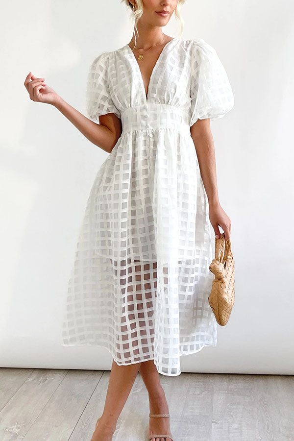 Remarkable Beauty Square Patterned Fabric Puff Sleeve Party Midi Dress