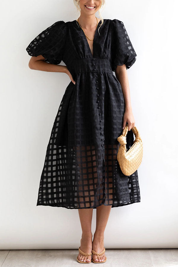 Remarkable Beauty Square Patterned Fabric Puff Sleeve Party Midi Dress