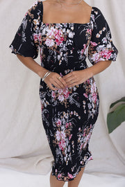 Midnight Beauty Floral Smocked Midi Party Dress