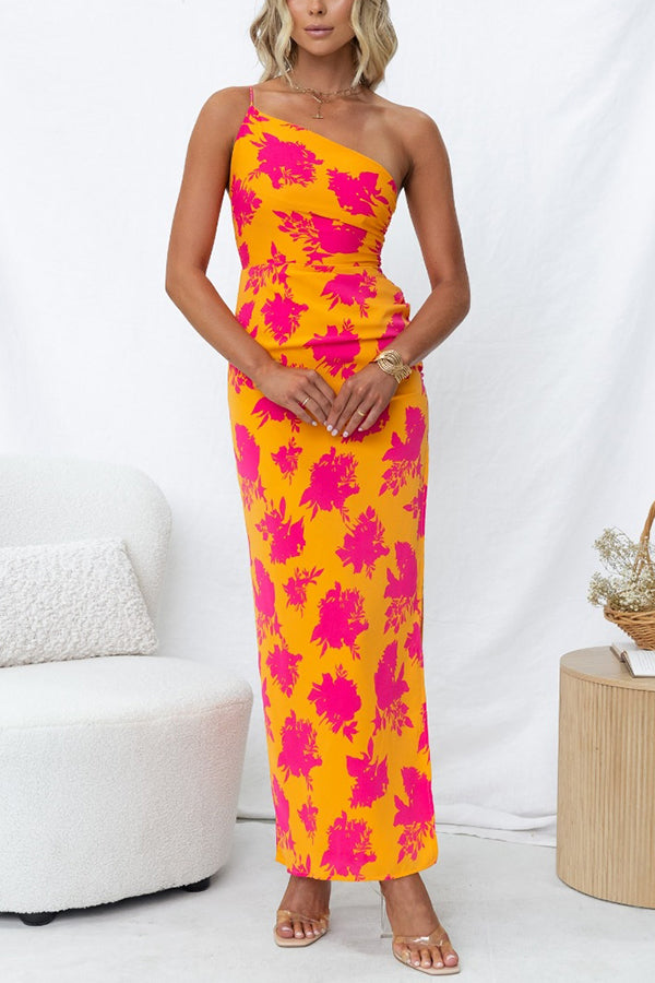 Right Time Floral Print One Shoulder Slit Party Maxi Dress