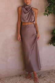 Such A Vibe High Neck Satin Drape Maxi Party Skirt Set