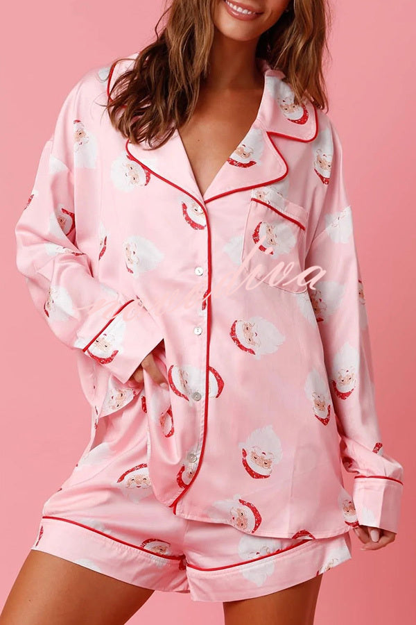 Dear Santa Satin Printed Elastic Waist Pocket Pajama Shorts Set