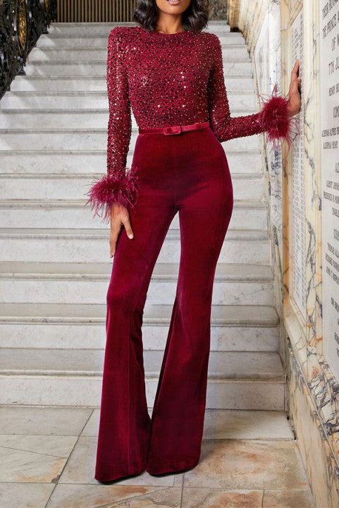 Ready for Vegas Feather Detail Trim Sequin Jumpsuit