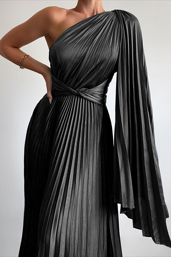 Keira One Shoulder Pleated Satin Party Maxi Dress