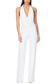 Shimmering Halter Style Drape Neck Wide Leg Jumpsuit