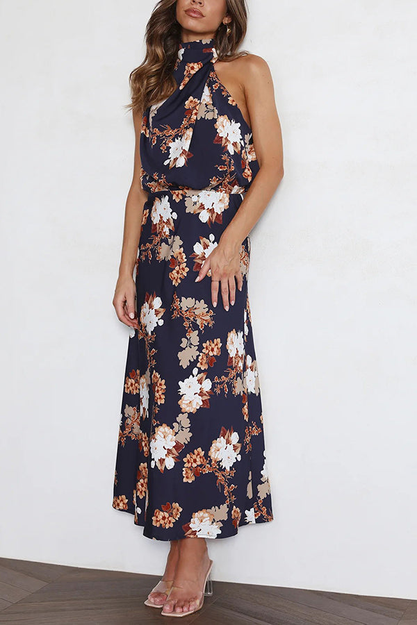 Wine Country Dates Floral Halter Neck Elastic Waist Party Midi Dress