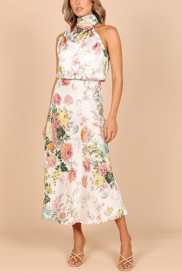 Wine Country Dates Floral Halter Neck Elastic Waist Party Midi Dress