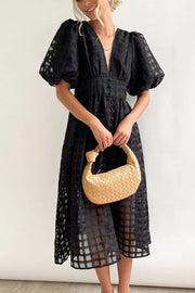 Remarkable Beauty Square Patterned Fabric Puff Sleeve Party Midi Dress