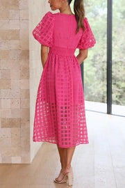 Remarkable Beauty Square Patterned Fabric Puff Sleeve Party Midi Dress