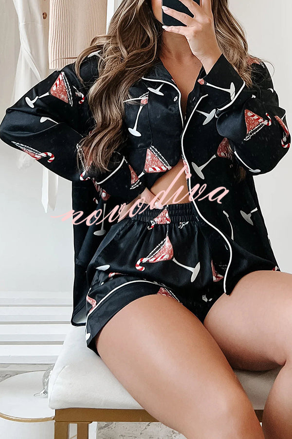New Year's Eve Fun Martini Printed Elastic Waist Pocket Pajama Shorts Set