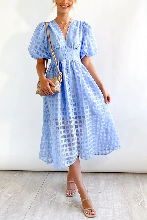 Remarkable Beauty Square Patterned Fabric Puff Sleeve Party Midi Dress