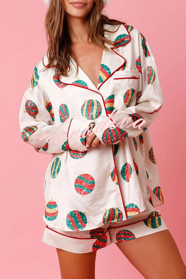 New Year's Eve Fun Ornament Printed Elastic Waist Pocket Pajama Shorts Set
