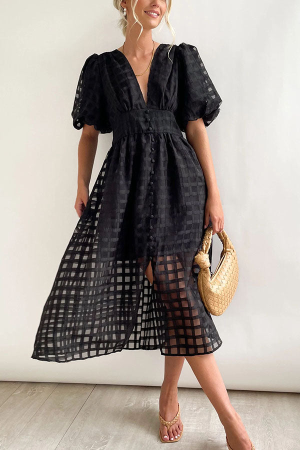 Remarkable Beauty Square Patterned Fabric Puff Sleeve Party Midi Dress